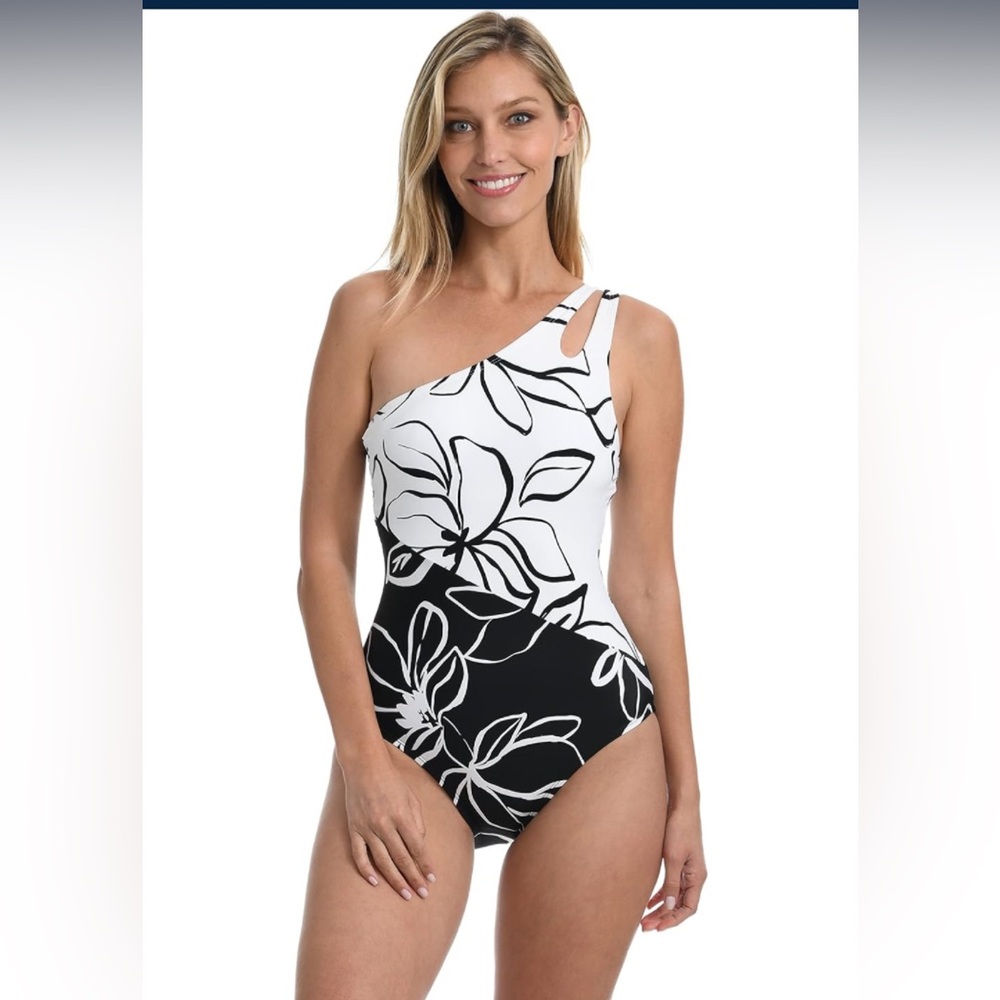 La Blanca Women's One Shoulder One Piece Swimsuit Plus Size 20W - Black & White